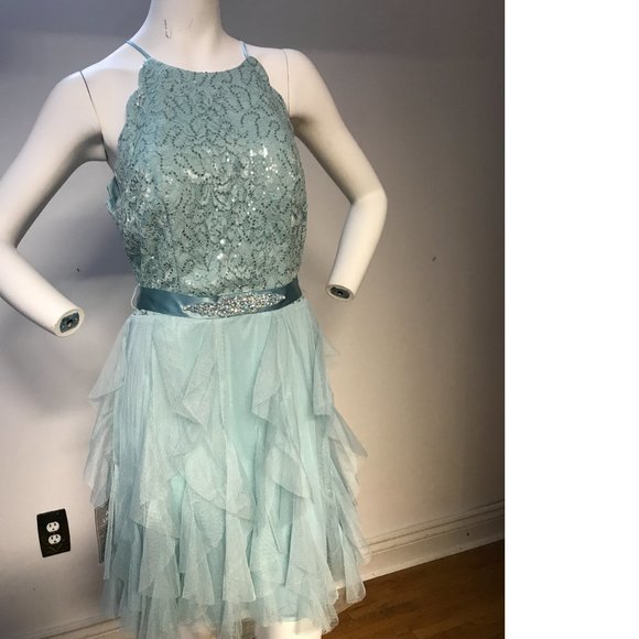 Le Chateau lace sequin tulle mesh sparkly dress mint green seafoam blue prom NWT - Picture 4 of 7